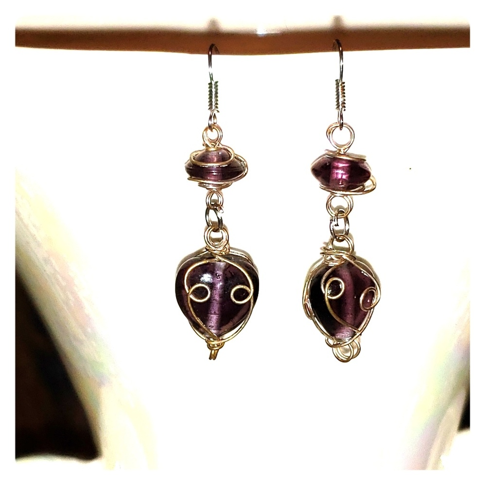 Handmade Purple Glass Heart Shaped Bead Earrings